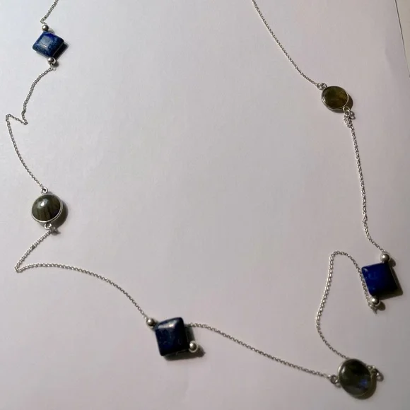 Lapis and Round Labradorite 925 Sterling Silver Station Necklace 36” - Picture 4 of 15